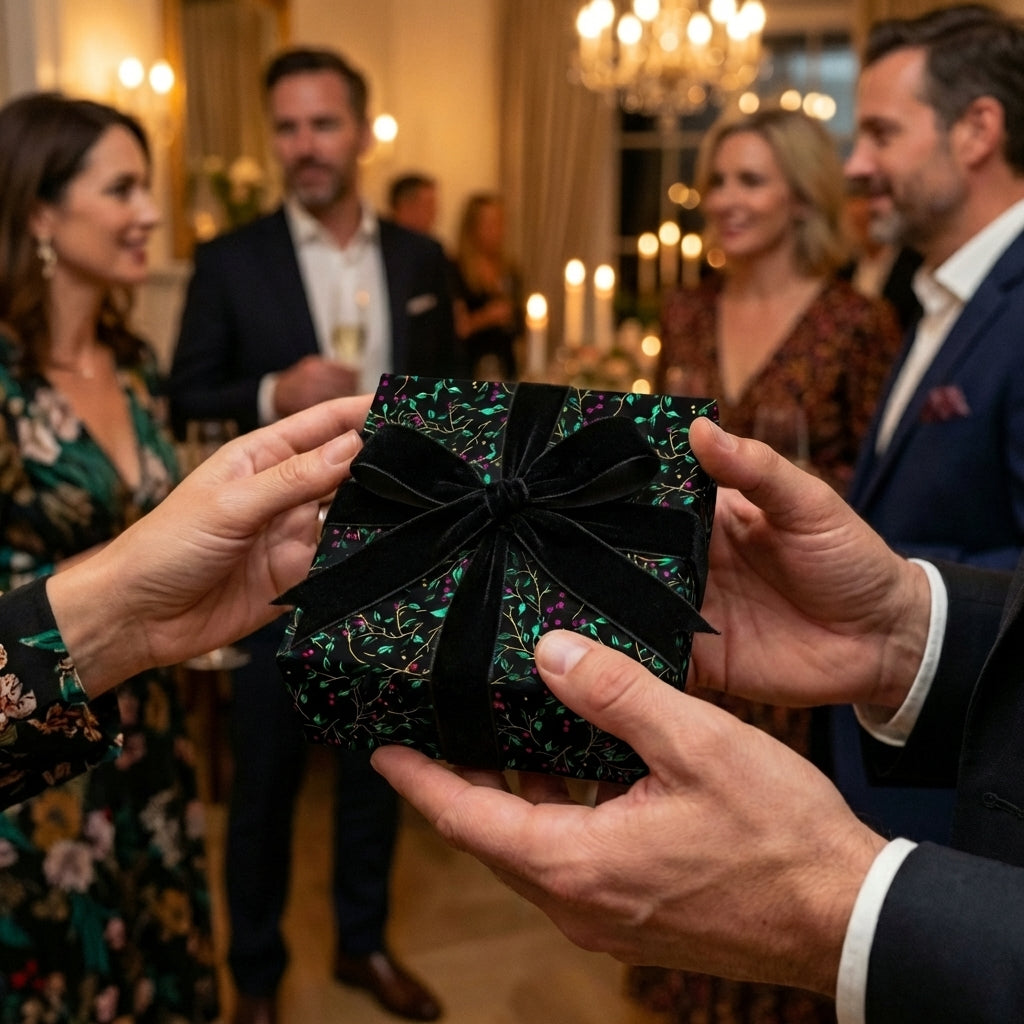 Exchanging a gift wrapped in dark floral gift wrap with a black velvet ribbon at a party.