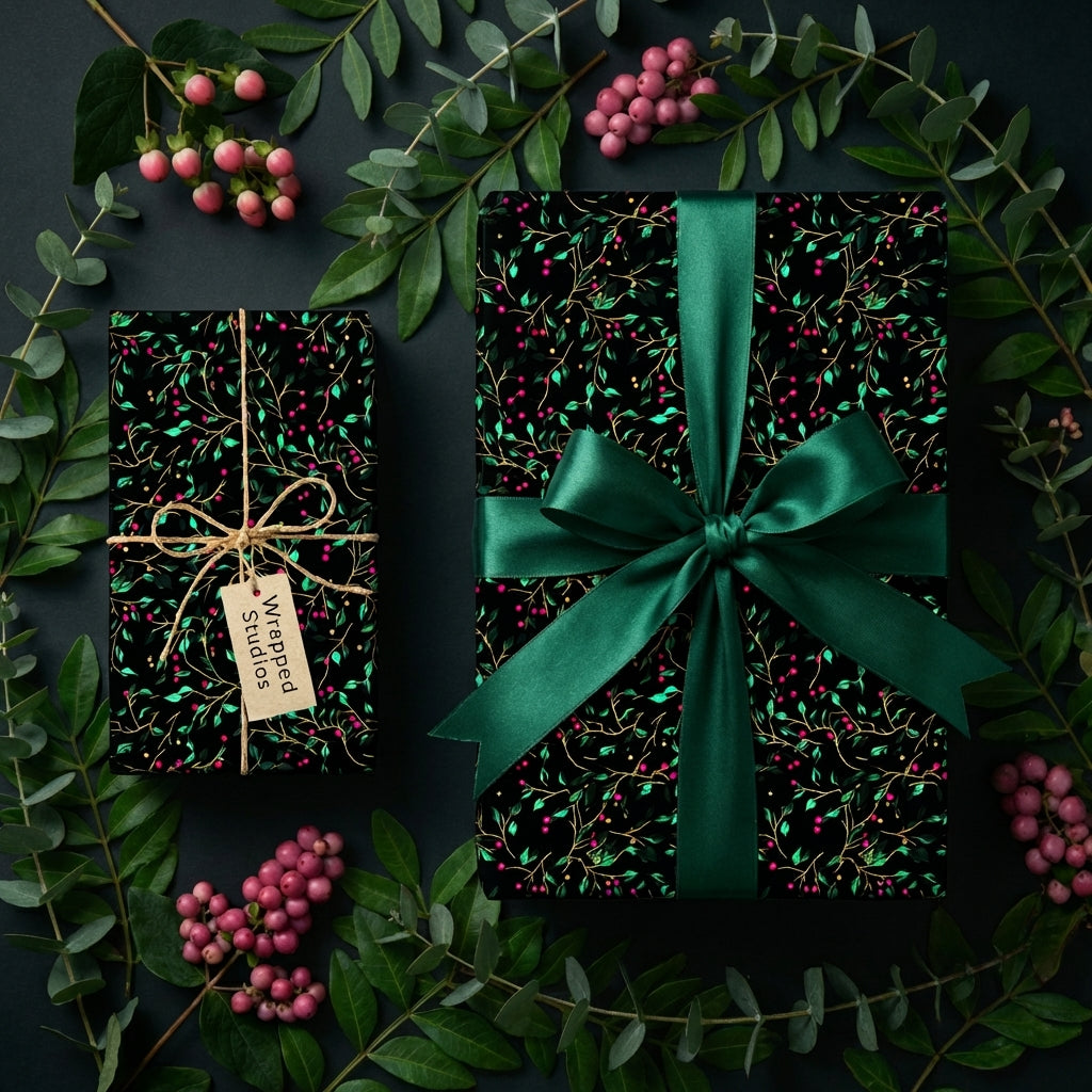 Wrapped Studios luxury gift wrap: Black with berry and leaf pattern, tied with green ribbon.