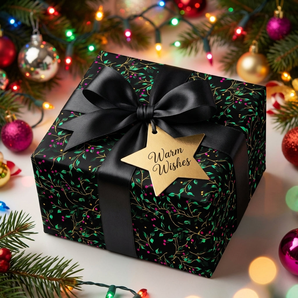 Elegant Christmas gift wrap with a black ribbon and a gold "Warm Wishes" tag.