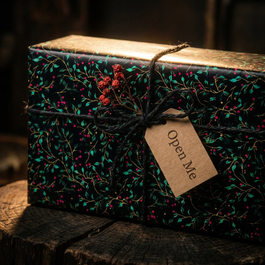 Elegant Christmas gift wrap from Wrapped Studios features a berry and vine pattern with twine and an "Open Me" tag.