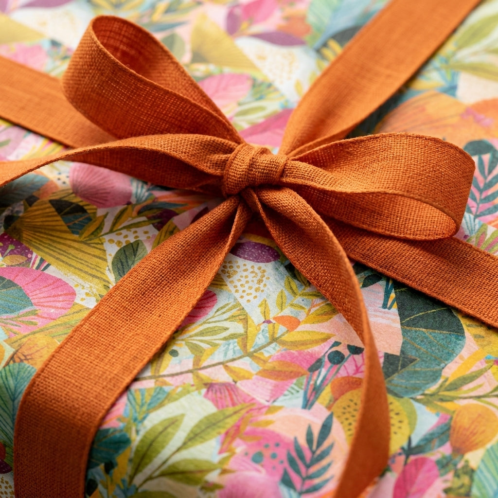 Luxury botanical floral wrapping paper with a textured orange ribbon bow by Wrapped Studios.