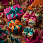 Luxury floral wrapping paper and jewel tone gift wrap with satin ribbons by Wrapped Studios.