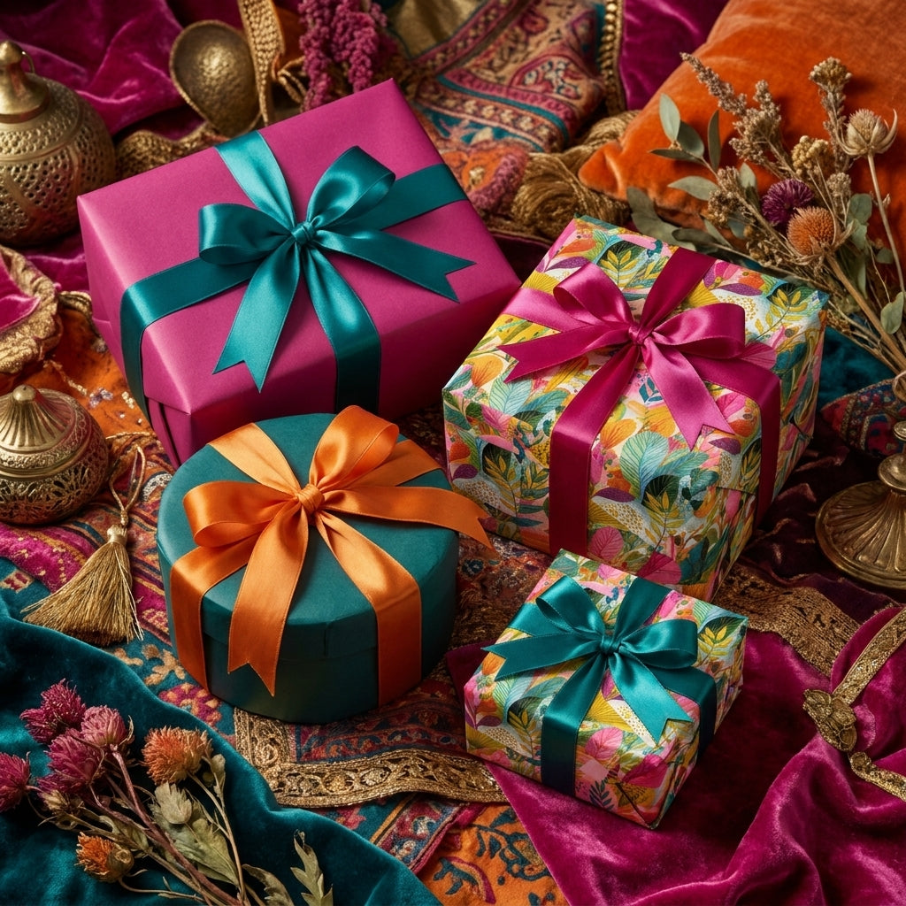 Luxury floral wrapping paper and jewel tone gift wrap with satin ribbons by Wrapped Studios.