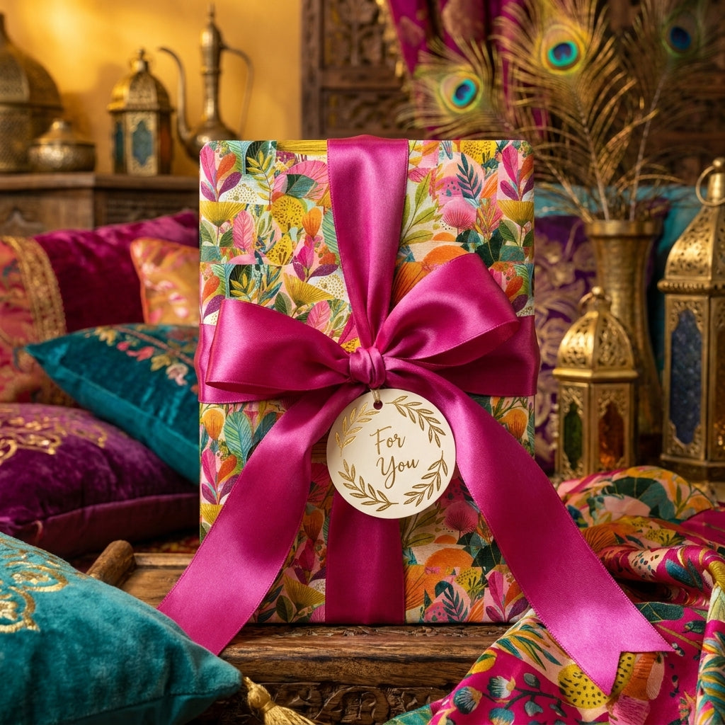 Luxury boho floral wrapping paper with a magenta satin bow and tag by Wrapped Studios.