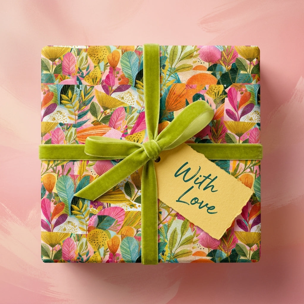 Colorful floral wrapping paper with a green velvet ribbon and "With Love" tag by Wrapped Studios.