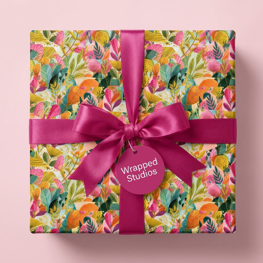 Vibrant floral wrapping paper with a magenta satin bow and gift tag by Wrapped Studios.