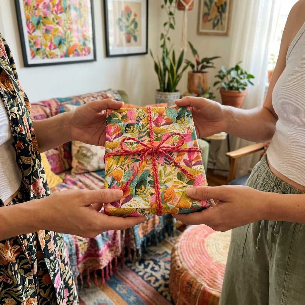 Boho floral wrapping paper with pink twine on a gift being exchanged, by Wrapped Studios.