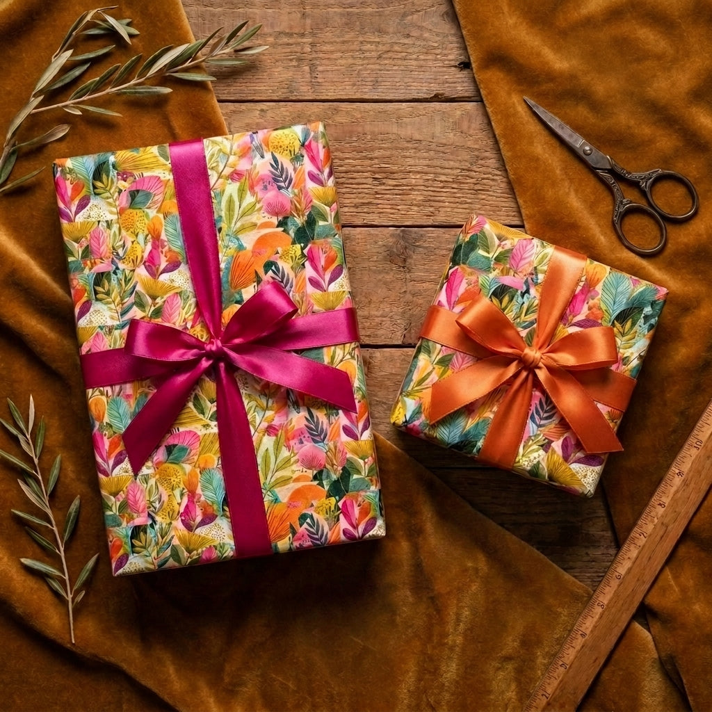 Vibrant botanical floral wrapping paper with luxury satin bows for birthday gifts by Wrapped Studios.