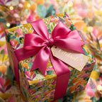 Vibrant floral birthday wrapping paper with a pink satin bow and "Celebrate" tag by Wrapped Studios.