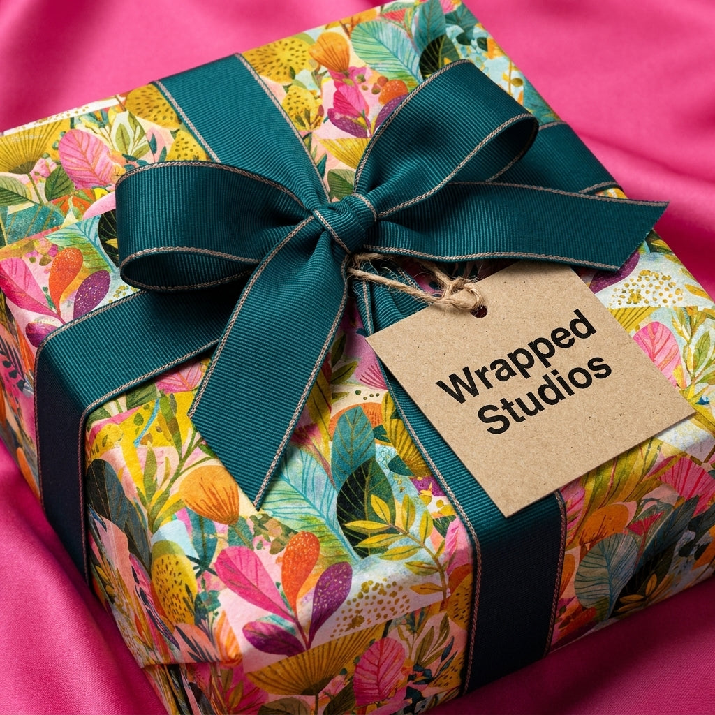 Luxury botanical floral wrapping paper by Wrapped Studios on a gift box with a teal ribbon.
