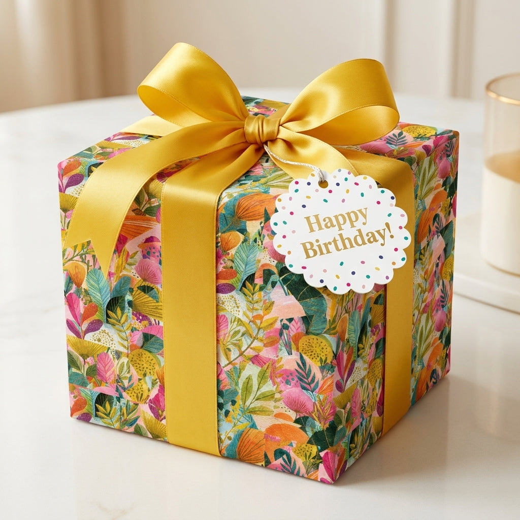 Colorful floral birthday wrapping paper with a yellow satin ribbon and Happy Birthday tag by Wrapped Studios.