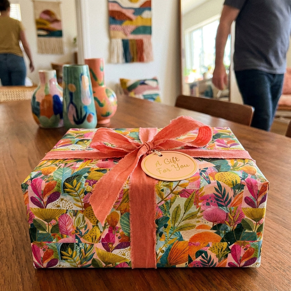 Colorful floral botanical wrapping paper with a pink ribbon on a gift box by Wrapped Studios.