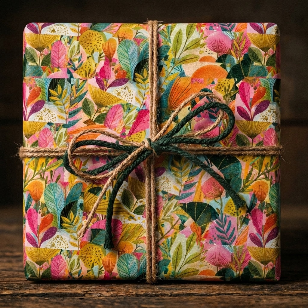 Colorful botanical floral wrapping paper with a rustic twine bow on a gift box, by Wrapped Studios.