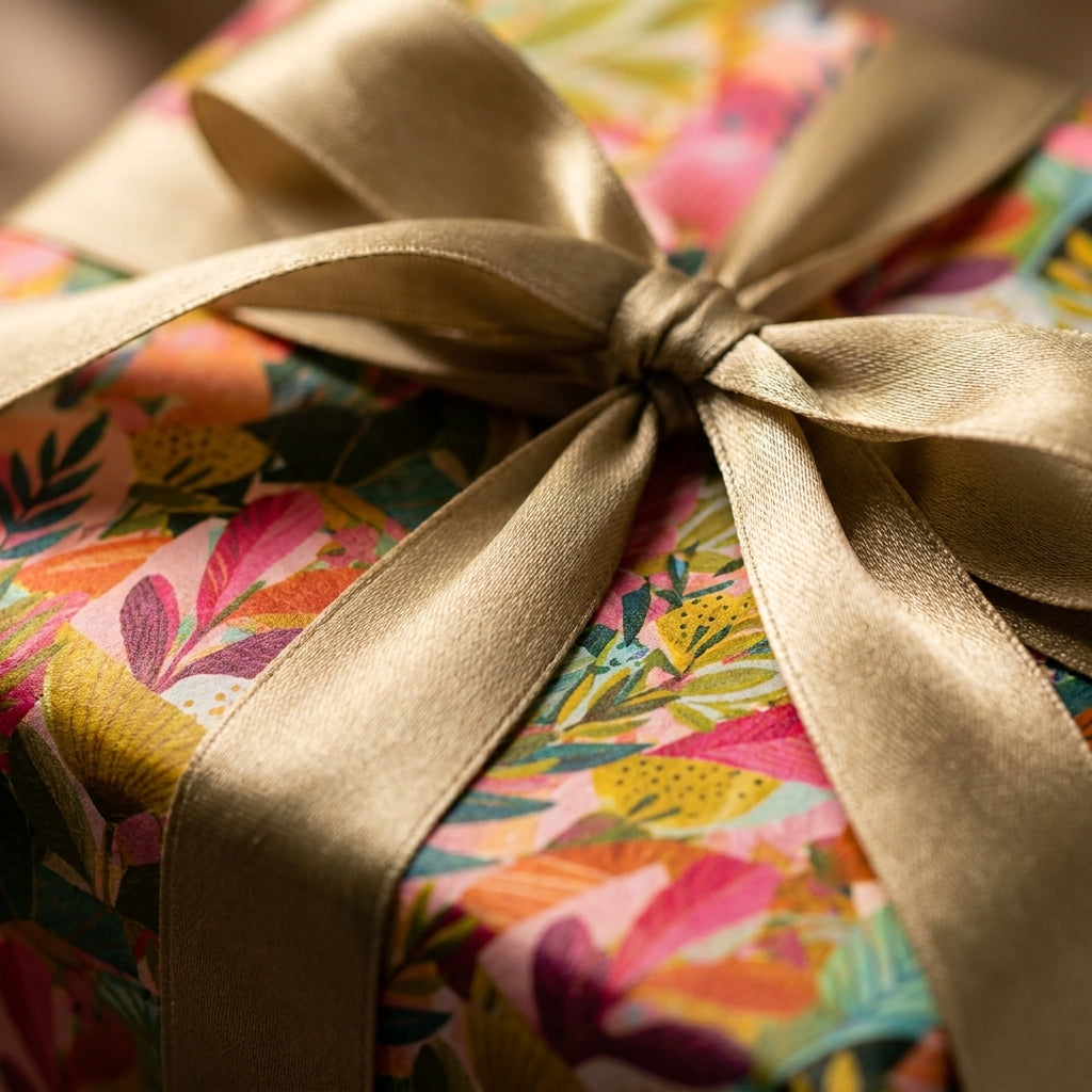 Vibrant floral wrapping paper with a luxury gold ribbon bow on a gift box by Wrapped Studios.