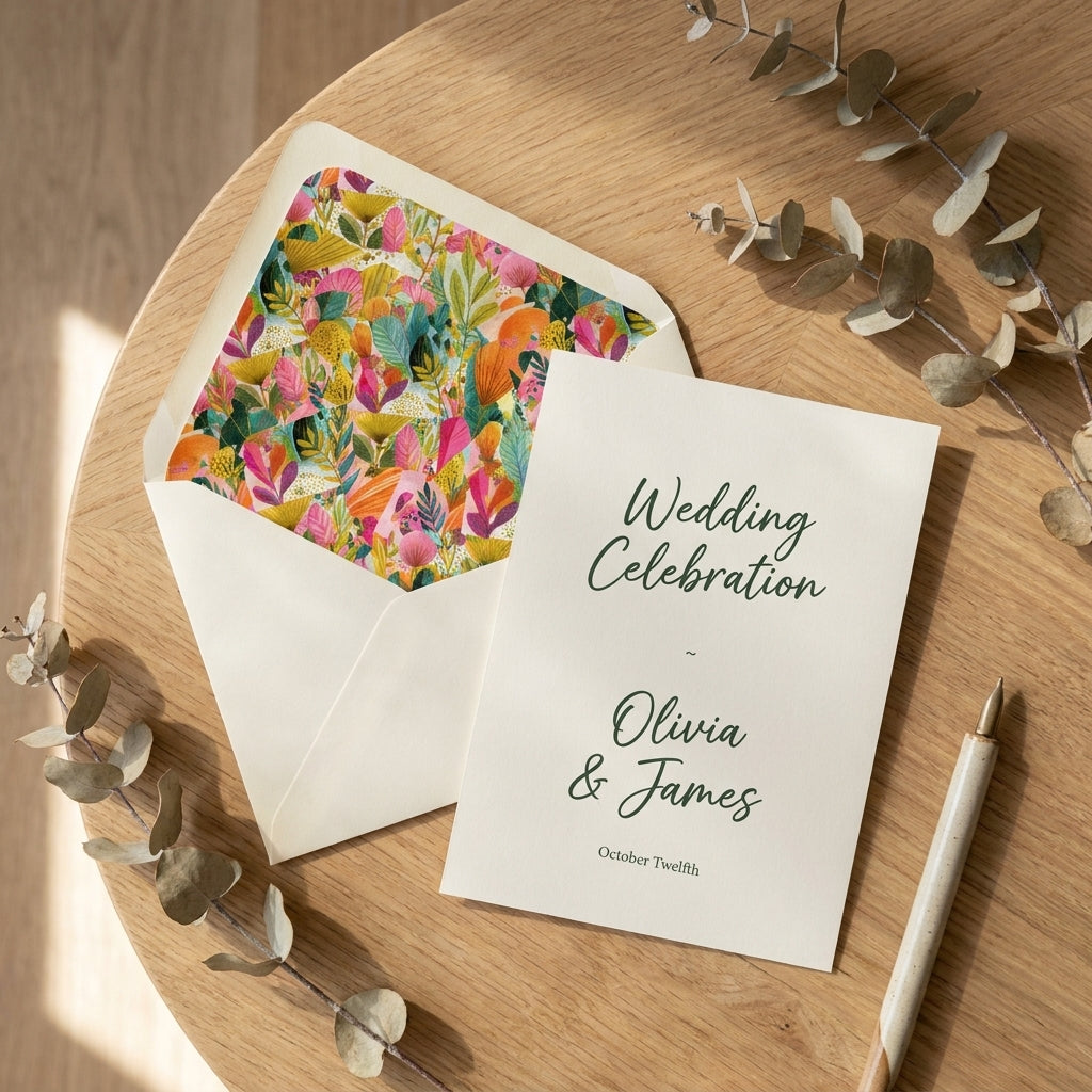 Floral wedding invitation and colorful botanical envelope liner on a wooden table by Wrapped Studios.