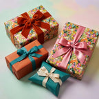 Vibrant botanical floral wrapping paper with velvet and satin ribbons by Wrapped Studios.