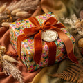 Luxury floral wrapping paper by Wrapped Studios on a gift box with a rust velvet ribbon bow.