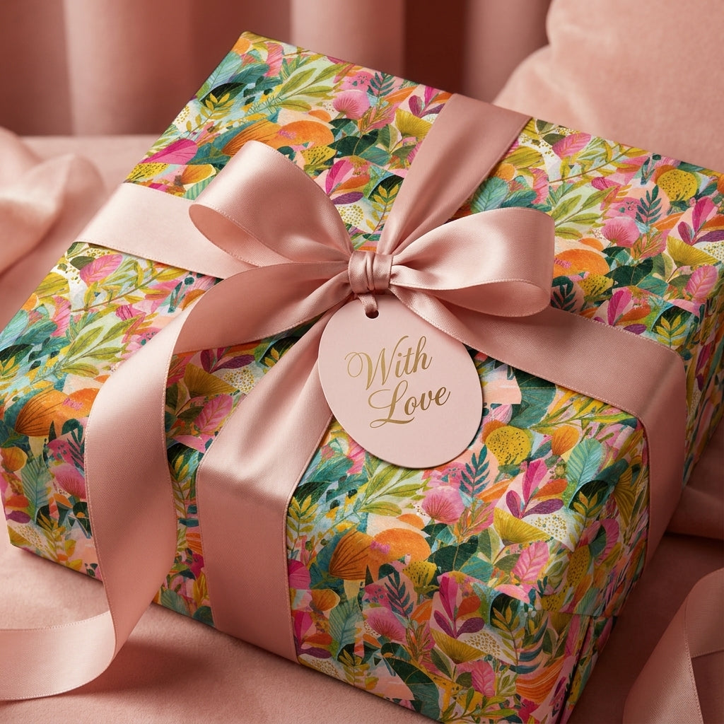 Luxury floral wrapping paper with a pink satin ribbon and "With Love" gift tag by Wrapped Studios.