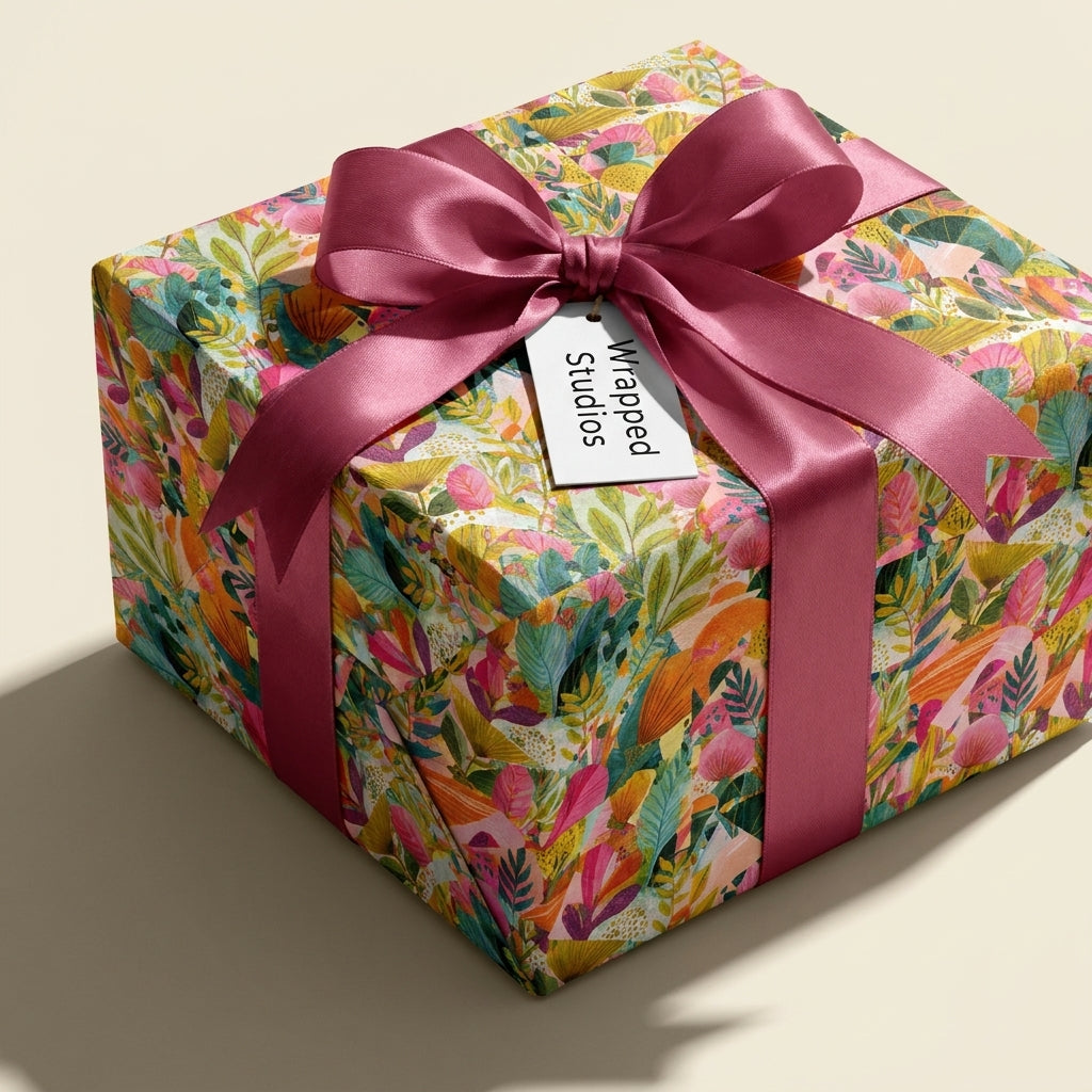 Luxury floral wrapping paper by Wrapped Studios on a gift box tied with a dusty rose satin bow.