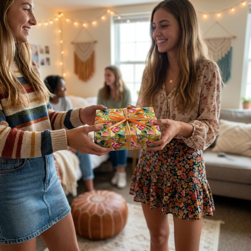 Friends exchanging a gift in colorful floral wrapping paper with orange ribbon, by Wrapped Studios.