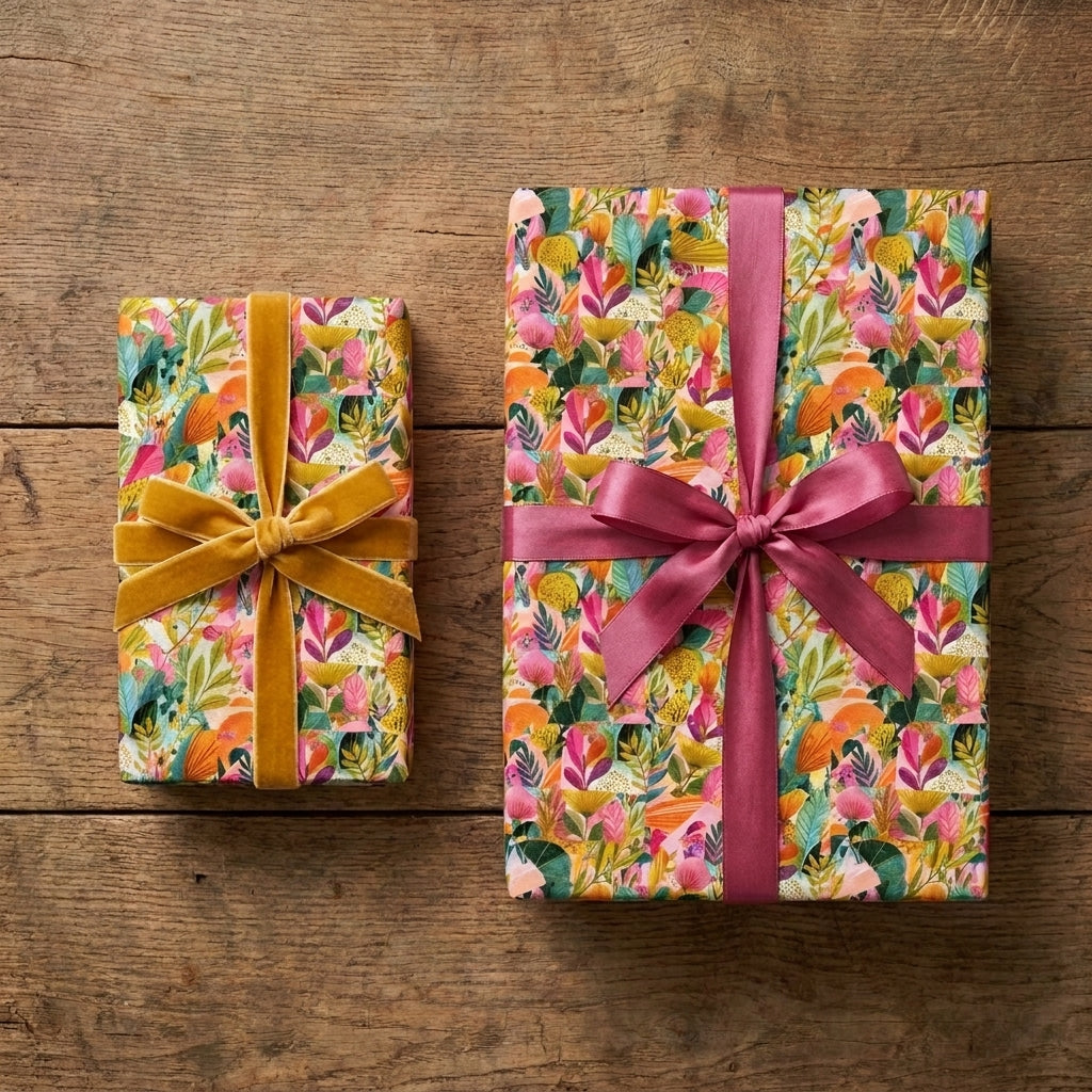 Colorful botanical floral wrapping paper on gifts with pink and gold ribbons on wood, by Wrapped Studios.