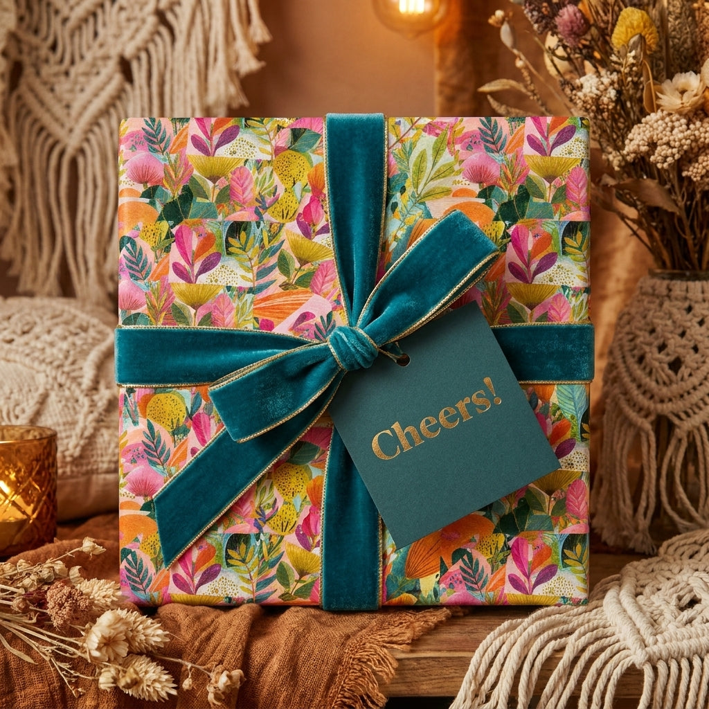 Colorful botanical floral wrapping paper with a teal velvet ribbon and Cheers tag by Wrapped Studios.