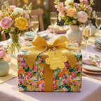 Floral birthday wrapping paper with a gold bow and Happy Birthday tag, by Wrapped Studios.