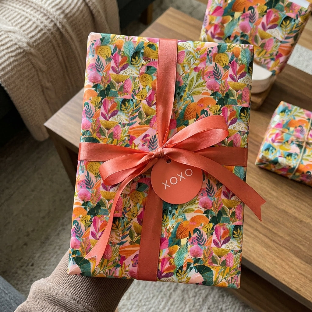 Vibrant floral wrapping paper with a coral satin ribbon and XOXO tag by Wrapped Studios.