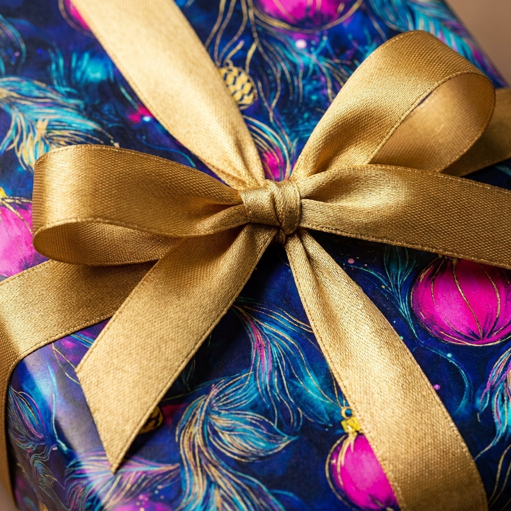 Luxury blue and pink Christmas wrapping paper with a gold bow by Wrapped Studios.