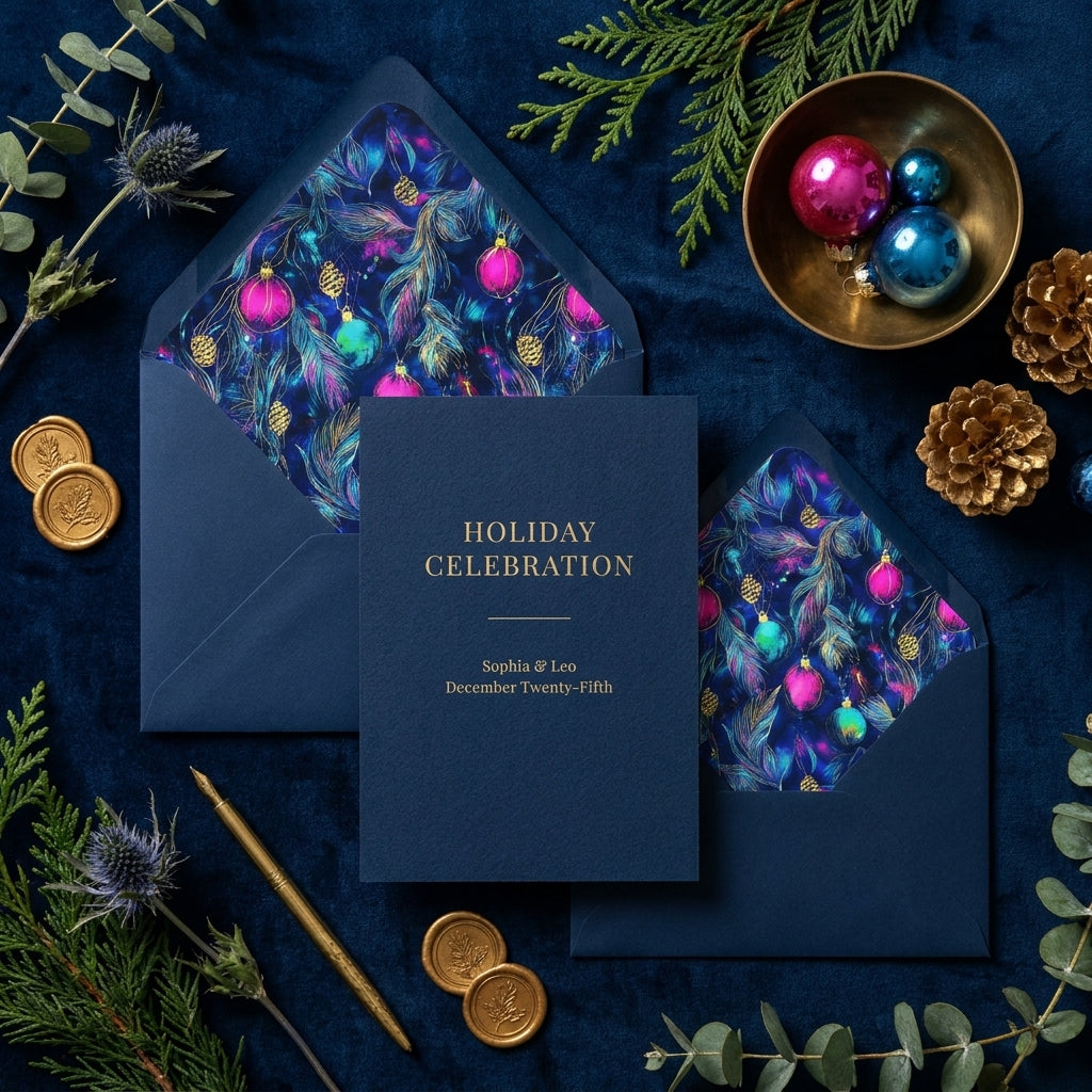 Luxury Christmas ornament pattern on elegant navy blue holiday stationery envelopes by Wrapped Studios.