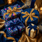 Luxury Christmas wrapping paper with festive peacock patterns and velvet ribbons by Wrapped Studios.