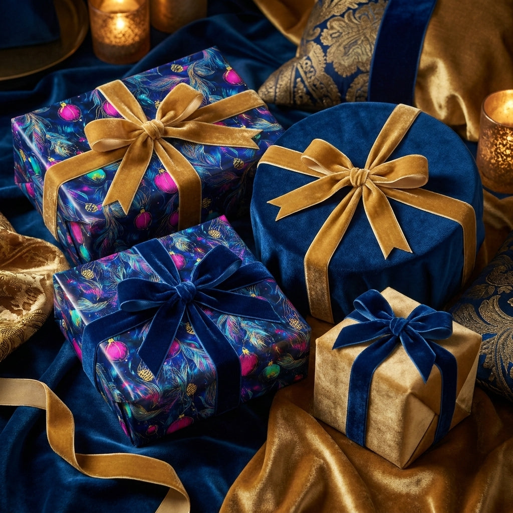 Luxury Christmas wrapping paper with festive peacock patterns and velvet ribbons by Wrapped Studios.