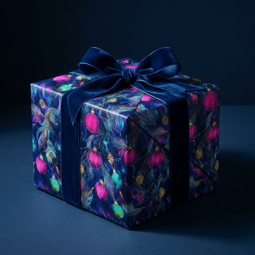 Luxury Christmas wrapping paper with pink ornaments and a blue velvet ribbon by Wrapped Studios.