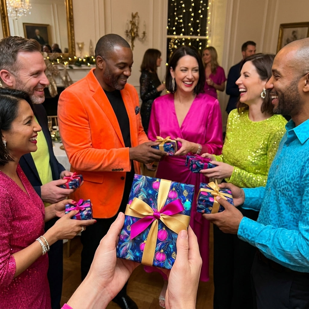 Luxury Christmas wrapping paper with pink ornament pattern by Wrapped Studios at a festive holiday party.