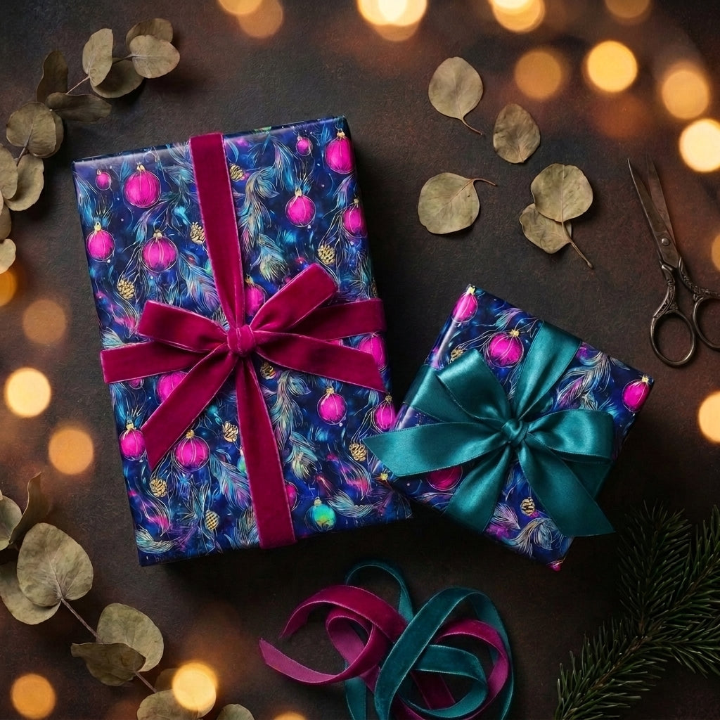 Luxury blue Christmas wrapping paper with pink ornament pattern and velvet bows by Wrapped Studios.