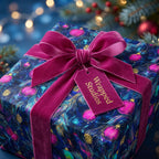Luxury Christmas wrapping paper with a blue ornament design and pink velvet bow by Wrapped Studios.