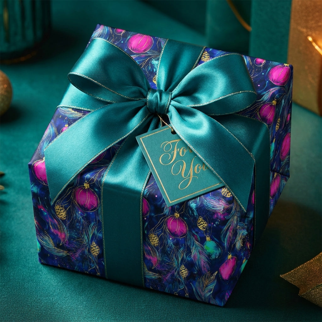 Luxury Christmas wrapping paper with a colorful ornament design and teal satin bow, from Wrapped Studios.