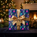 Luxury Christmas gift wrap with colorful ornament pattern and gold ribbon bow by Wrapped Studios.