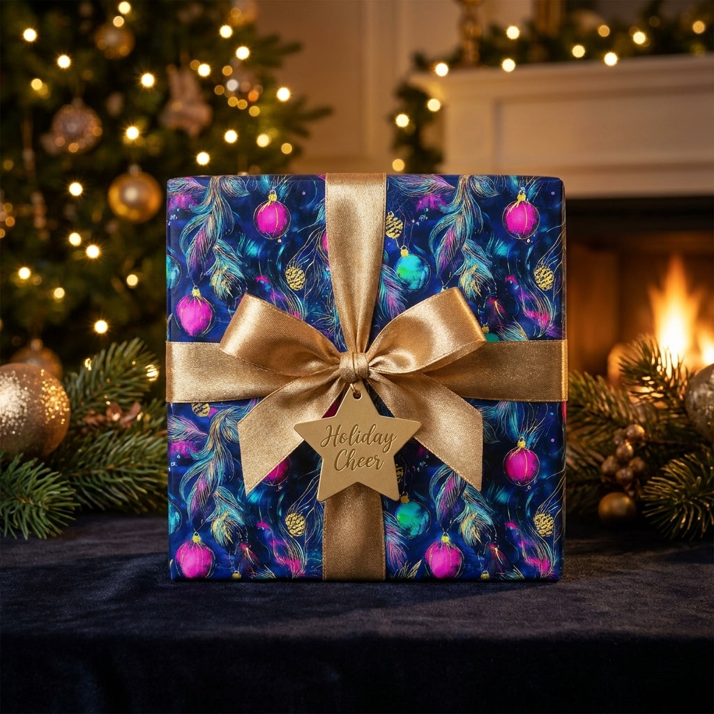 Luxury Christmas gift wrap with colorful ornament pattern and gold ribbon bow by Wrapped Studios.