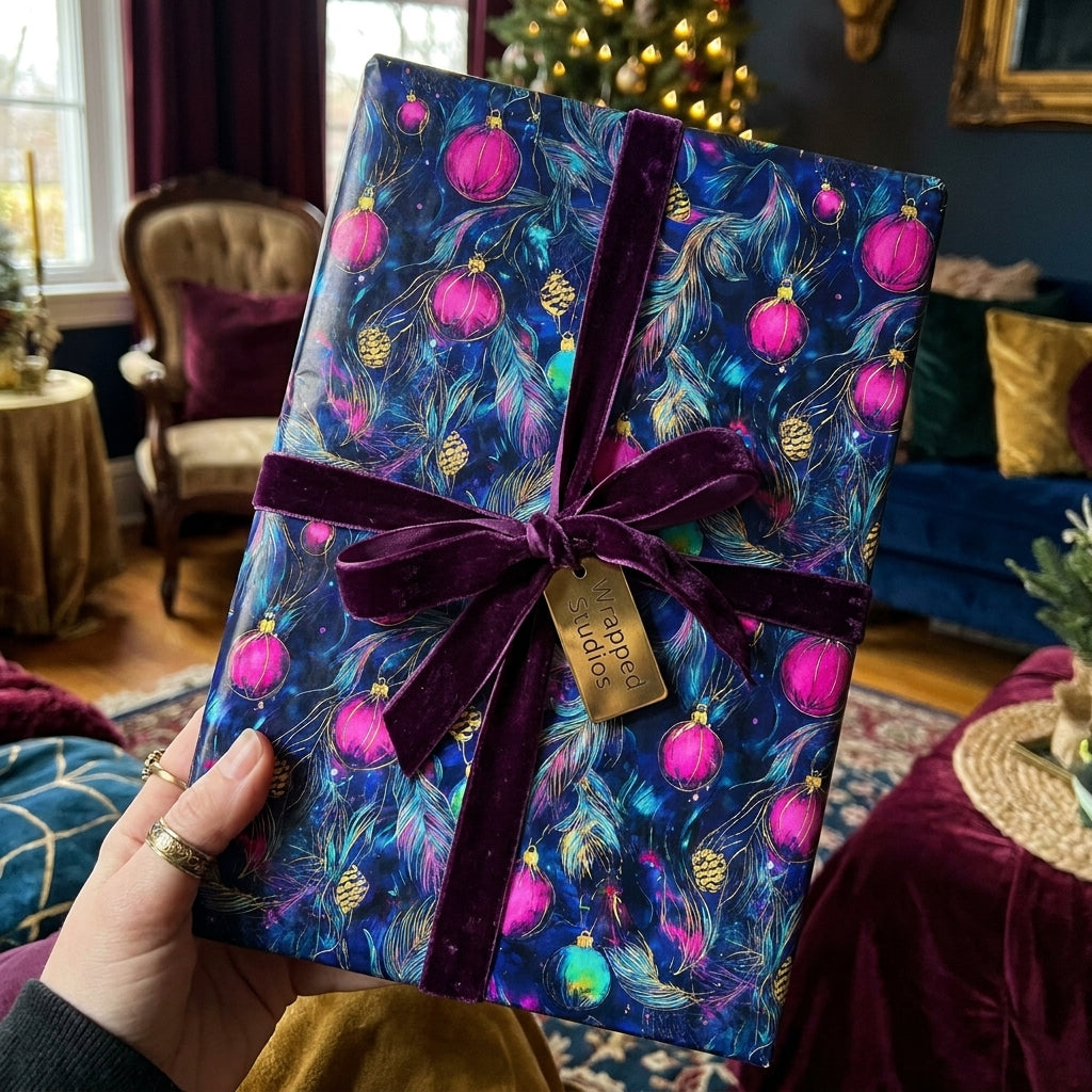Luxury Christmas gift wrap with pink ornament pattern and purple velvet ribbon by Wrapped Studios.