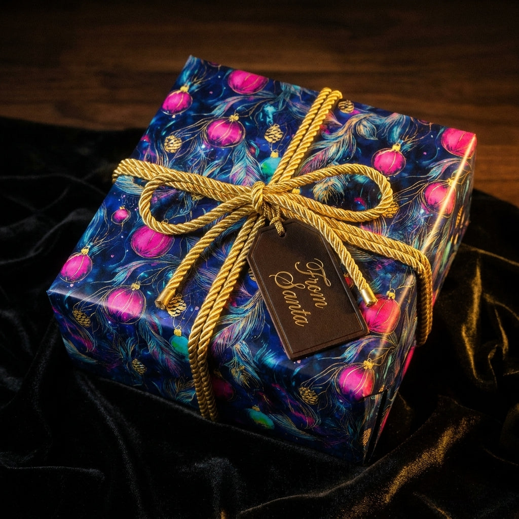 Luxury Christmas wrapping paper with pink ornament print, gold rope, and Santa tag, by Wrapped Studios.