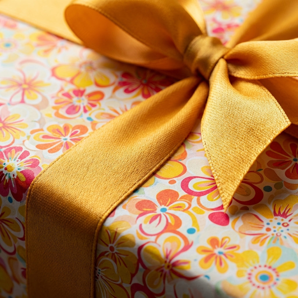 Floral wrapping paper with a golden ribbon bow, perfect for a birthday or special occasion gift.