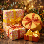 Floral birthday wrapping paper with yellow and orange ribbon on gifts, Wrapped Studios.