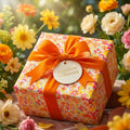 Floral birthday wrapping paper with orange velvet ribbon and "Sunshine & Blooms" tag.