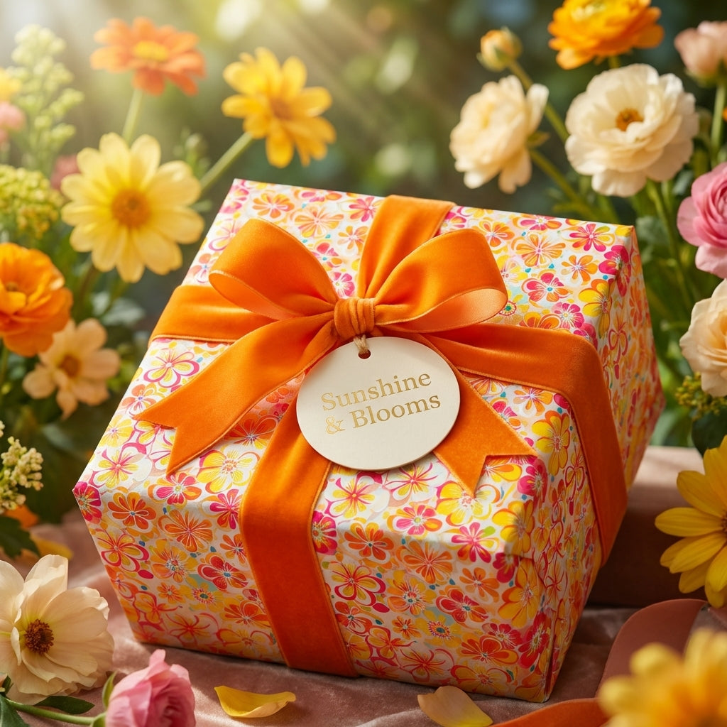 Floral birthday wrapping paper with orange velvet ribbon and "Sunshine & Blooms" tag.