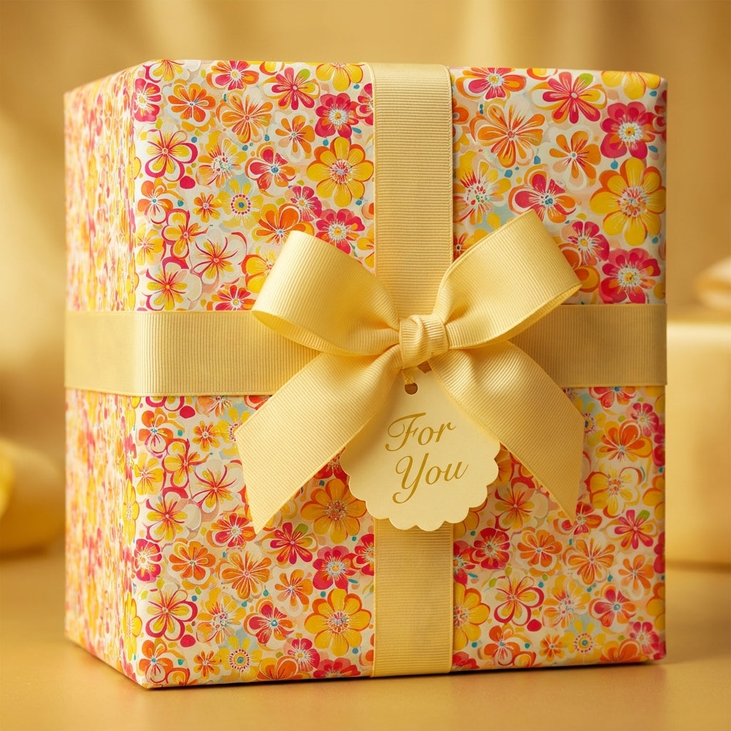 Floral wrapping paper on a gift box with yellow ribbon and "For You" tag.