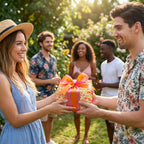 Woman receiving a Wrapped Studios birthday gift with floral wrapping paper and bright orange ribbon.
