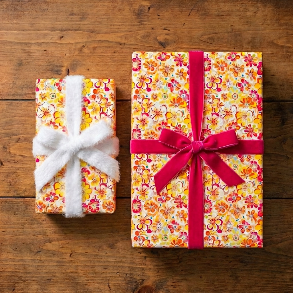 Gifts wrapped in floral birthday wrapping paper with red and white ribbons.