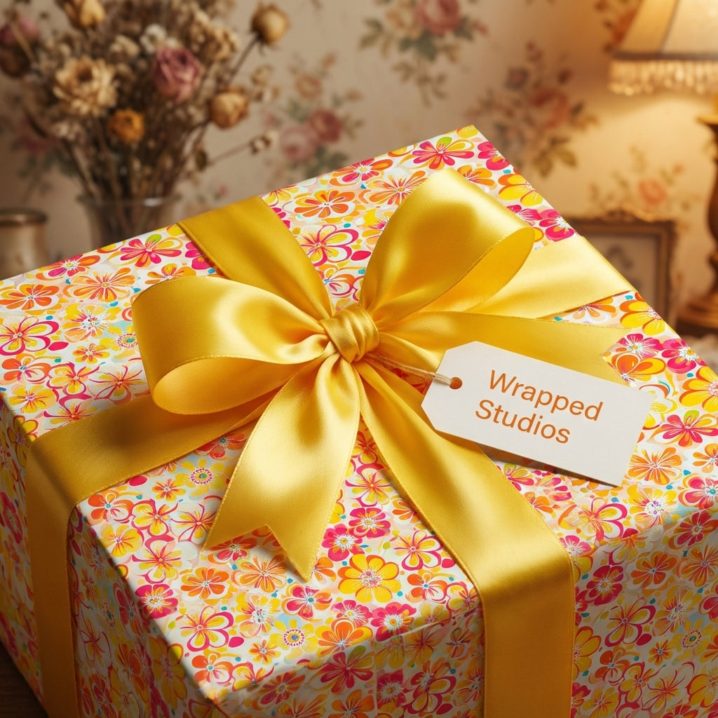 Wrapped Studios floral wrapping paper with yellow ribbon.