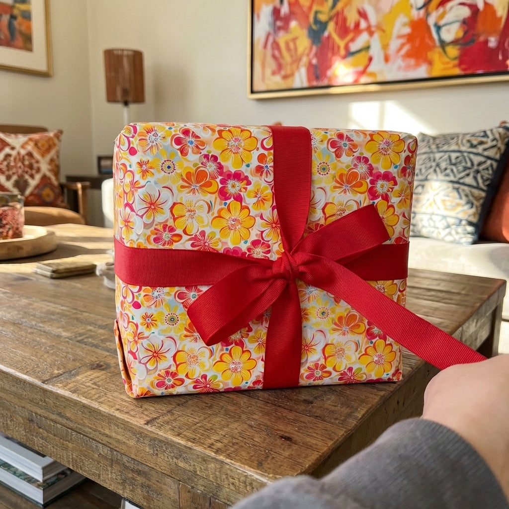 Bright floral wrapping paper with a red ribbon on a square gift box; Wrapped Studios.
